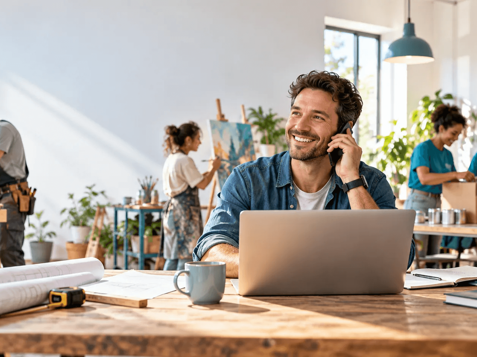 Illustrative busy team handling incoming communication: a tradesperson on the phone at a workshop desk while colleagues work.